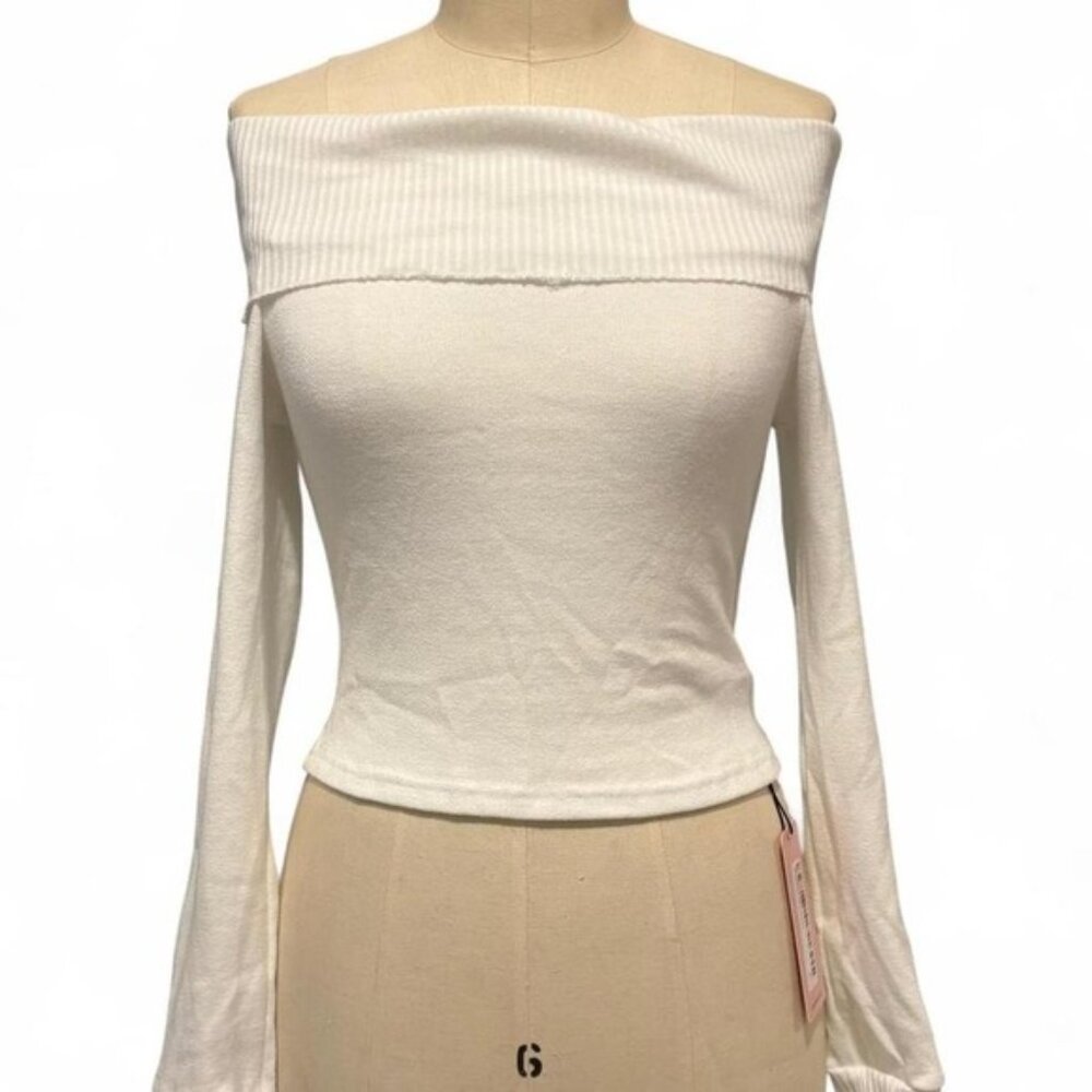 NWT Cream White Off Shoulder Sweater Top Soft Knit Cottagecore Women Size S